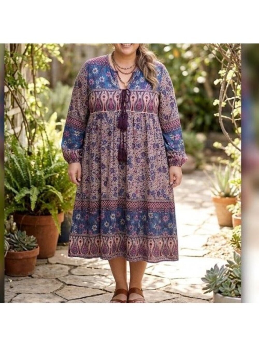 R Vivimos Floral Midi Dress Womens Size Large Purple Boho Tassels Modest Prairie